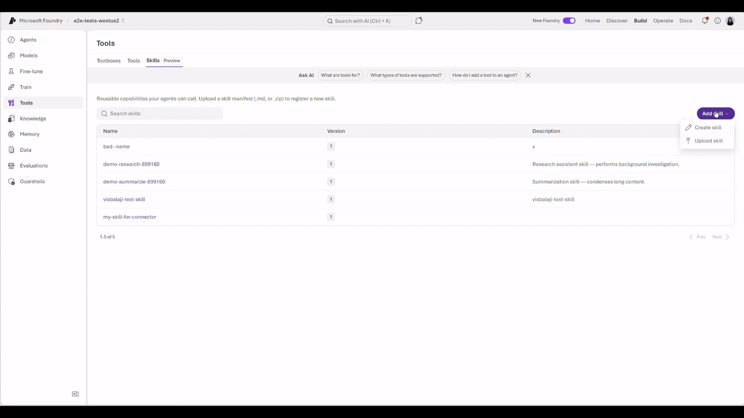 Animated demo of the Microsoft Foundry Toolboxes interface showing a catalog of tools, versions, and descriptions.