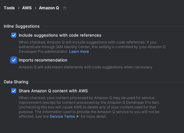Options for sharing Amazon Q data in VS Code.