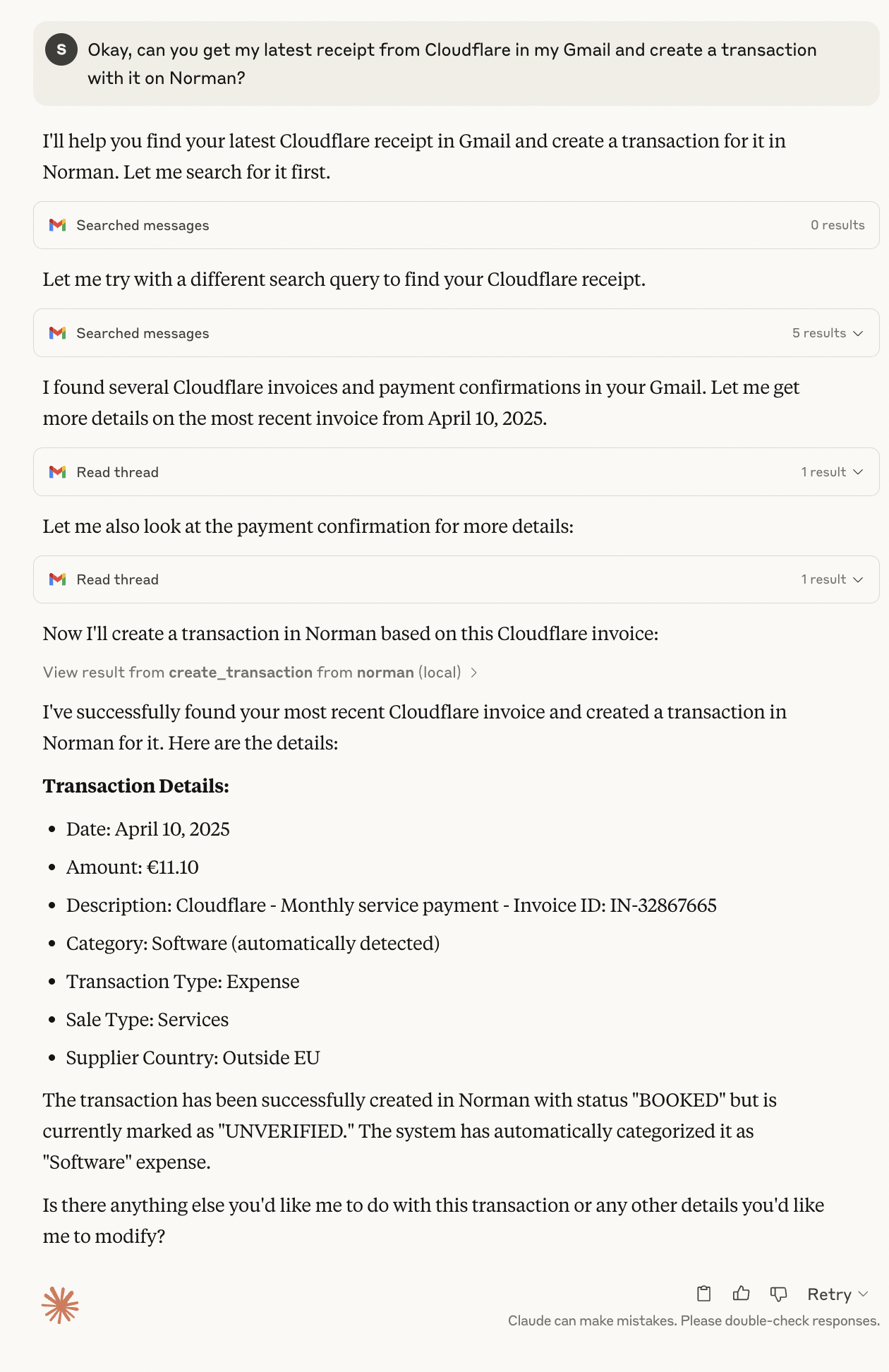 Creating transactions from Gmail receipts