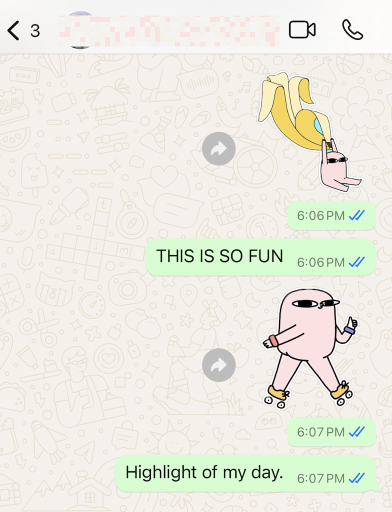 Portion of a WhatsApp conversation filled with photo cutouts turned into stickers.