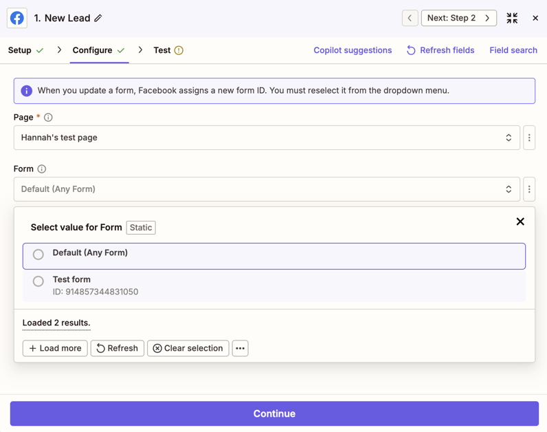 A screenshot of the customization options for a Facebook Lead Ads trigger step in the Zapier editor.