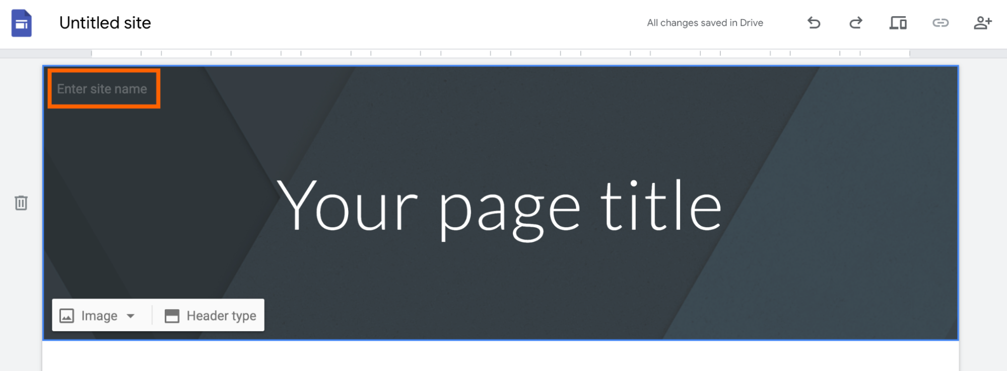 Header block with a site name field in the Google Sites editor.
