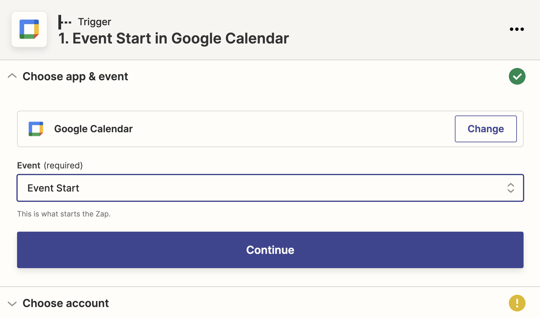 Under "Choose app & event" Google Calendar is selected with "Event Start" selected in the Event field.
