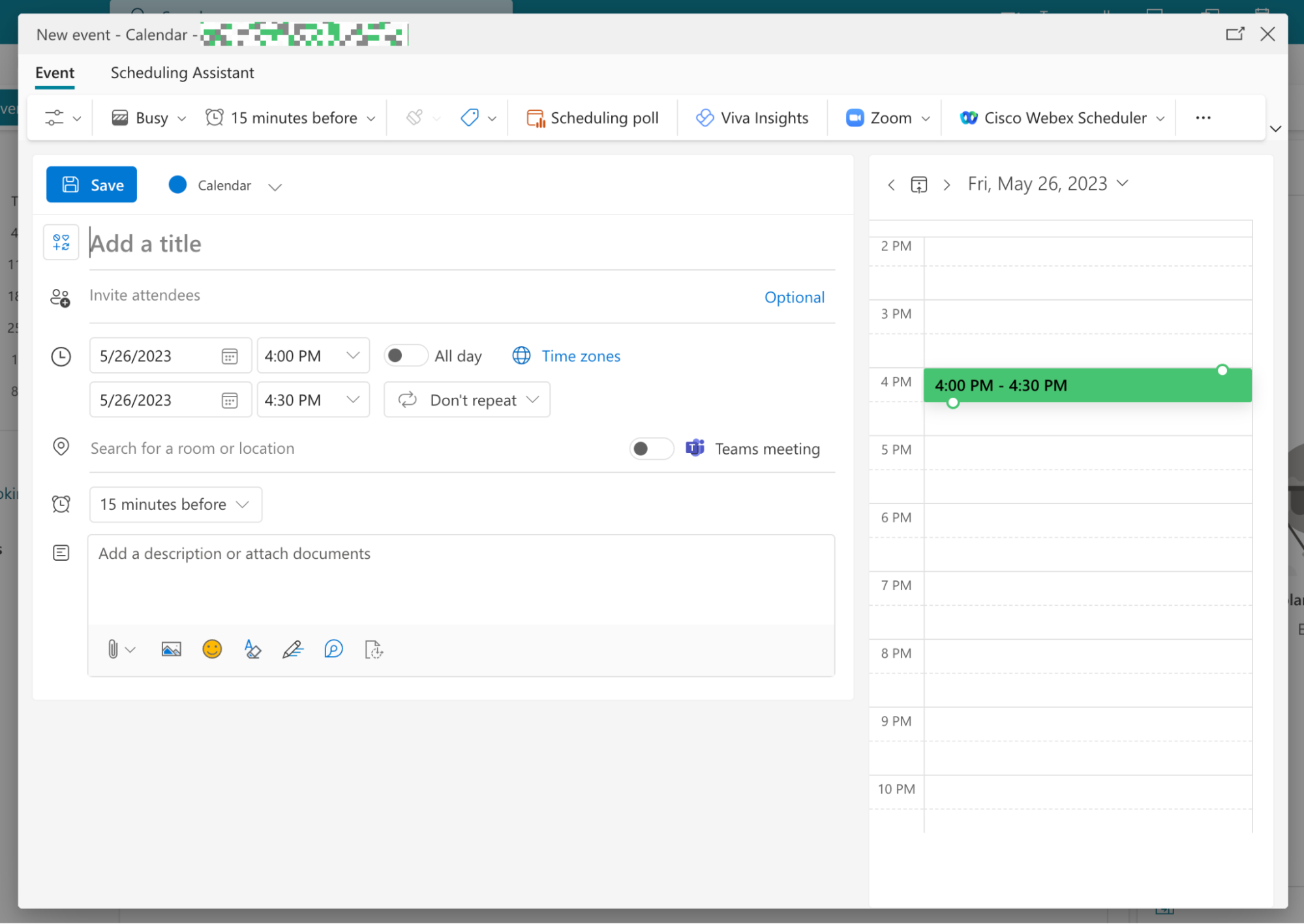 New event window in Outlook Calendar.