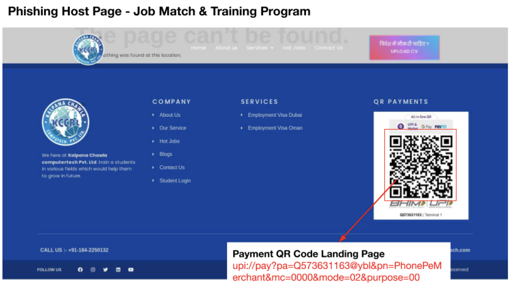 Phishing Host Page - Job Match & Training Program. The background is blue with a navigation menu listing "About Us," "Our Services," and "Contact Us." There is a QR code on the right labeled "Payment QR Code Landing Page" with a URL highlighted.