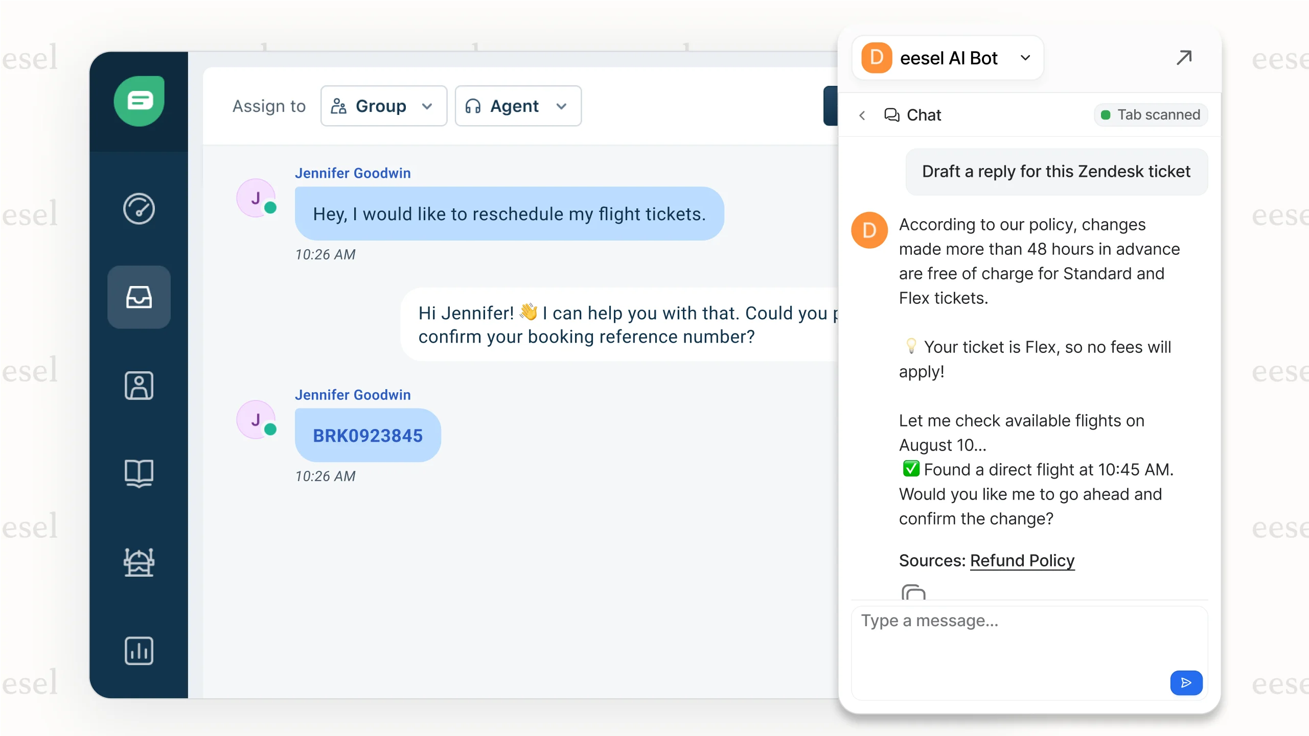 L'eesel AI Copilot, une fonctionnalité phare parmi les concurrents de Gorgias, rédigeant une réponse pour qu'un agent de support puisse l'examiner et l'envoyer.