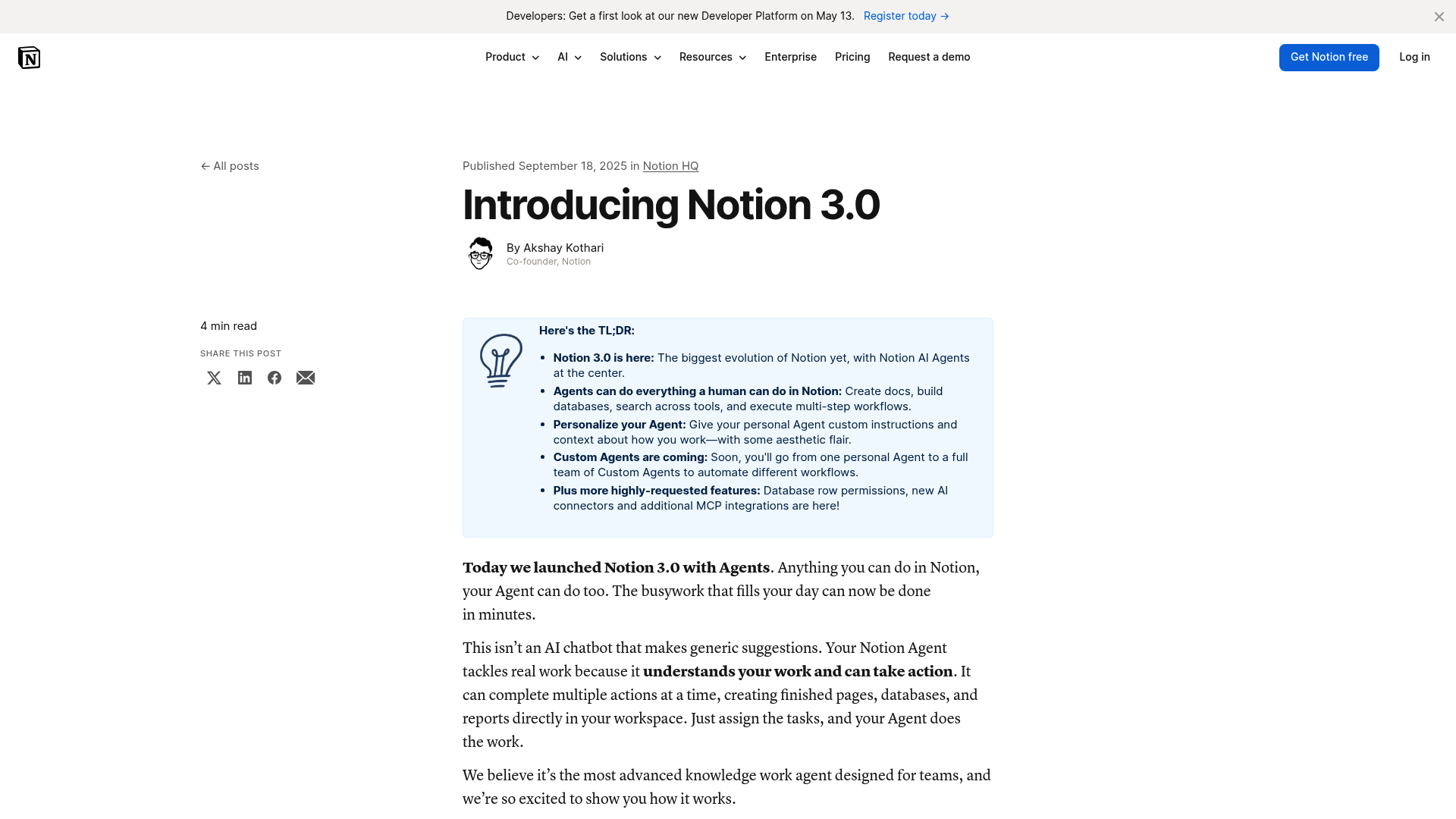 AI Agents を発表する Notion 3.0 ローンチ記事