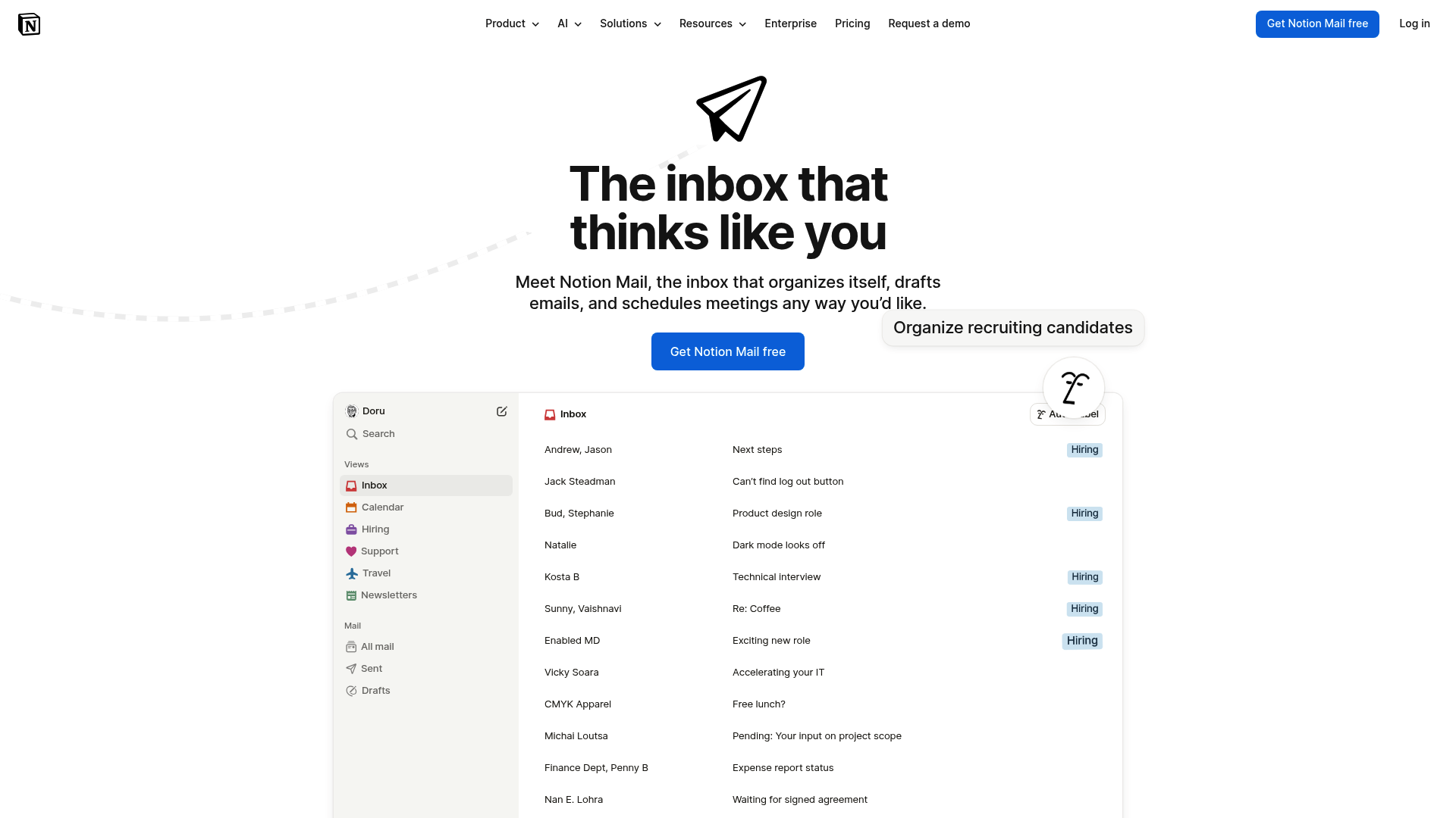 AI 受信ボックス機能を示す Notion Mail の製品ページ