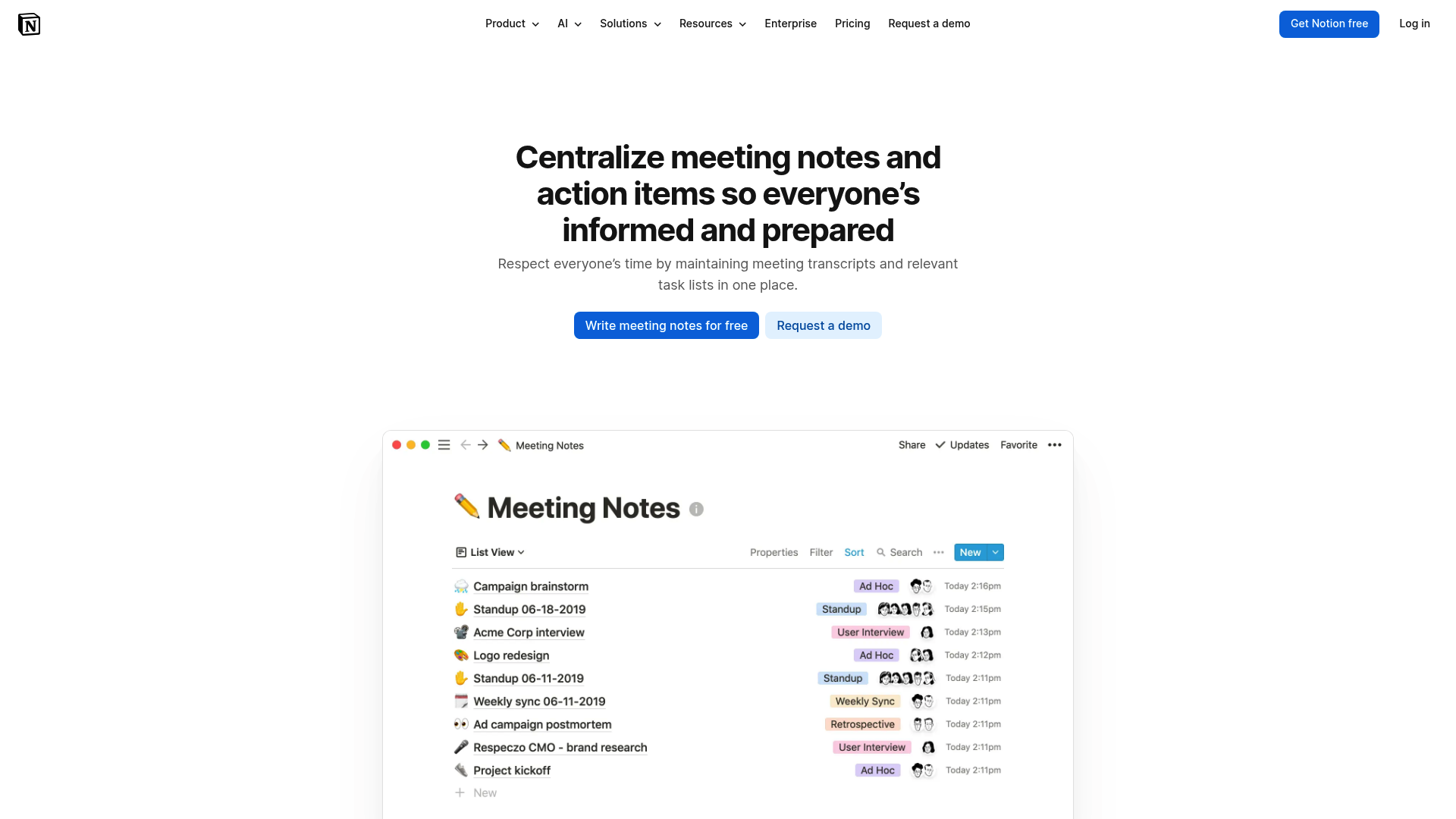 Notion meetings の製品ページ
