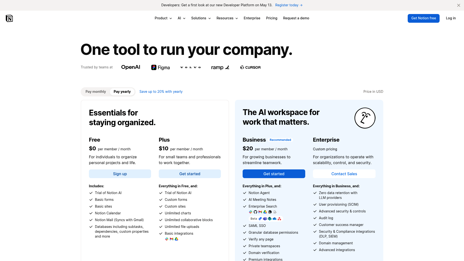 Free、Plus、Business、Enterprise の階層を表示した Notion 料金ページ